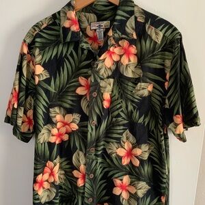 Caribbean Joe Black Tropical Floral Button-Up Shirt with Orange Flowers
